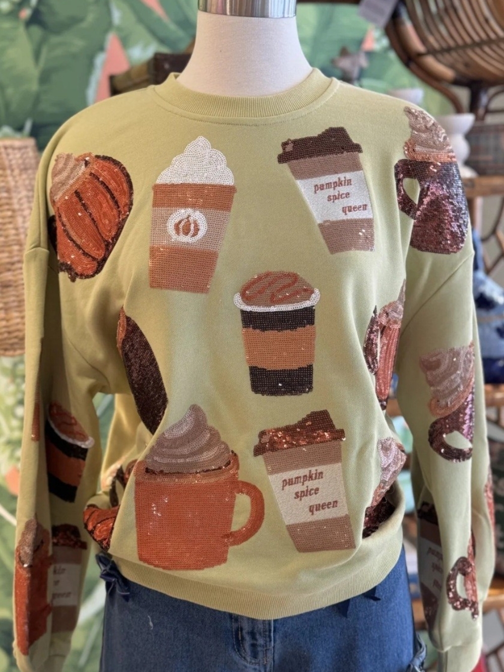 QUEEN OF SPARKLES Pumpkin Spice Coffee Sequin Sweatshirt - Light Green & Rust